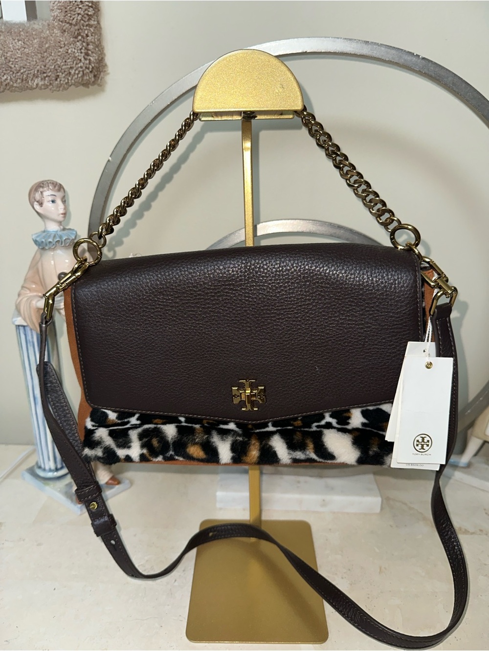 Tory Burch Dark Brown Pebbled Leather Chain Crossbody with Gold Hardware